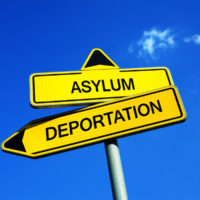 Yellow road signs that read asylum and deportation Yellow road signs that read asylum and deportation