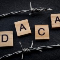 Deferred action for child arrivals concept with barb wire next to letters that spell the acronym DACA. DACA is a piece of legislation that protects immigrants that were brought to the USA as children