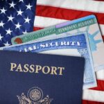 United States passport, social security card and resident card over american flag. Immigration concept