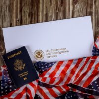 USA passport and naturalization certificate of citizenship US flag over wooden background