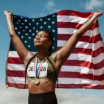 Proud female athlete with USA flag