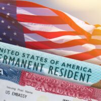 VISA United States of America. Green Card US Permanent resident card. Work and Travel VISA. Immigration to the USA. Immigration visa. Embassy US or USA. Vacation in the USA. Visa in passport.