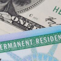 USA Permanent Resident card aka Green Card and dollar banknotes