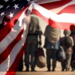 United States flag and a group of migrants at the border