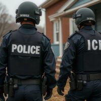 US Immigration and Customs Enforcement (ICE) with police going to homes suspected of housing illegal immigrants during raids to detain and arrest foreign nationals who entered US illegally. Concept. US Immigration and Customs Enforcement (ICE) with police going to homes suspected of housing illegal immigrants during raids to detain and arrest foreign nationals who entered US illegally. Concept.