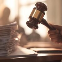 Close-up view of a judge's gavel held in a person's hand. The gavel is dark brown wood with a gold band, and it's positioned