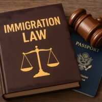 Immigration law and passport with gavel on wooden desk Immigration law and passport with gavel on wooden desk