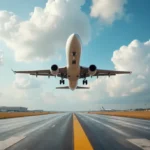 Passenger jet plane ascends on takeoff runway towards bright sky with fluffy white clouds. Aircraft leaves airport grounds, traveling to new destinations for holidays or business trips.