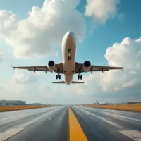 Passenger jet plane ascends on takeoff runway towards bright sky with fluffy white clouds. Aircraft leaves airport grounds, traveling to new destinations for holidays or business trips. Passenger jet plane ascends on takeoff runway towards bright sky with fluffy white clouds. Aircraft leaves airport grounds, traveling to new destinations for holidays or business trips.