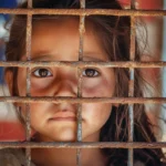 an-impoverished-young-girl-looks-sadly-beyond-a-rusting-metal-fence-at-the-american-border